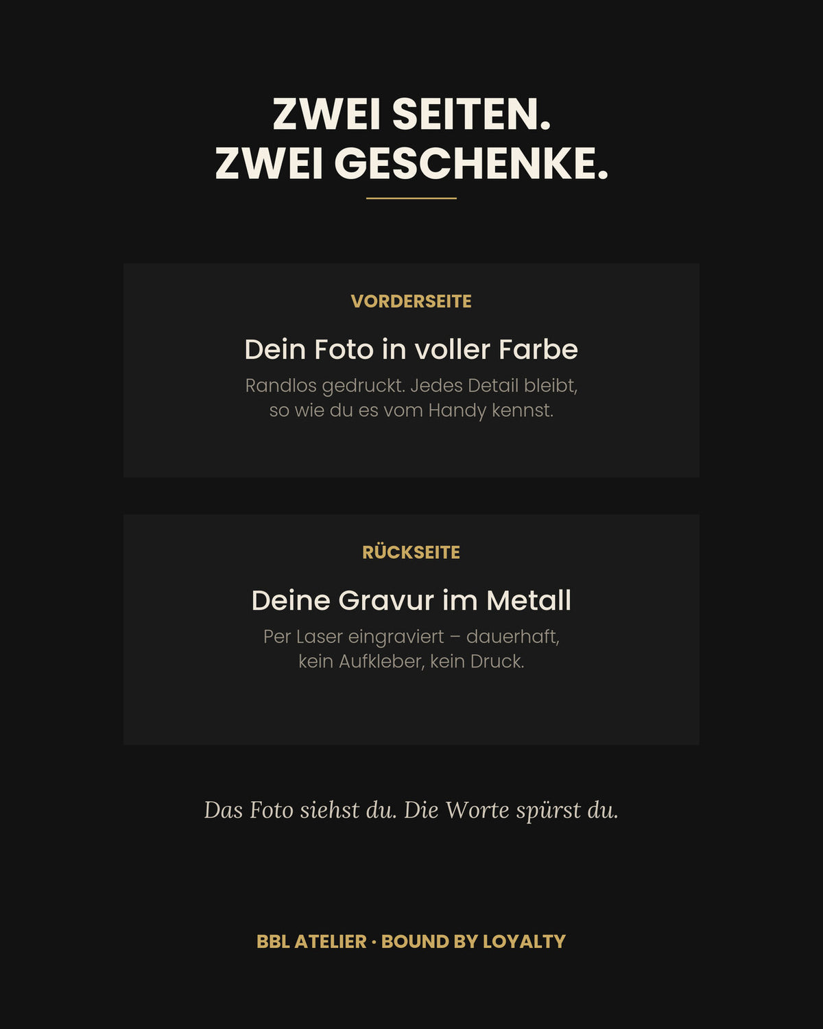Zwei Seiten: Foto vorne, Gravur hinten